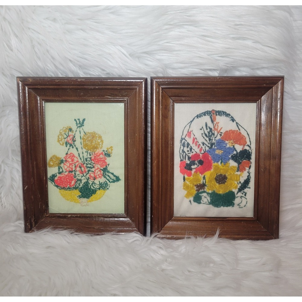 Vintage Crewel Embroidered Floral Wall Art Pair Framed Handmade Needlework